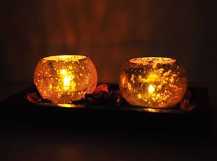 TIED RIBBONS Glass Tealight Holder with T light Candle and Wooden Tray Glass 2 - Cup Tealight Holder Set