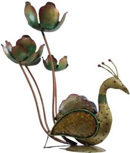 Vandana Collection Peacock T-Light Sculpture with Lotus Flowers, Vintage Style Iron 4 - Cup Candle Holder