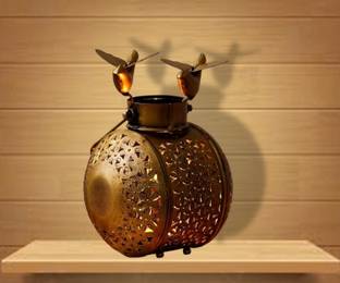 Vandana Collection Lantern with Floral Pattern & Sparrow Birds, Gold Finish Iron 1 - Cup Tealight Holder