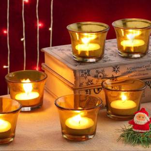 TIED RIBBONS Set of 6 Votive Glass Tealight Candle Holders - Christmas Decorations for Home (Glass, Yellow) Glass Tealight Holder Set