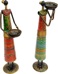 Sancheti Art 13 Inches Tall Masai Figurine Cast Iron 2 - Cup Tealight Holder Set