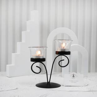 Hosley Metal Glass 2-Cup Centrepiece|Perfect for Home Decor, Tabletop Iron Tealight Holder Set