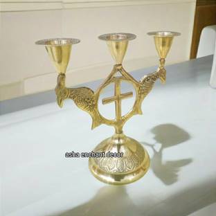 Asha Enchant Decor Christmas 3 Arm Brass Candle Holder with Jesus Cross Table Top Decor Gift Item Brass Tealight Holder