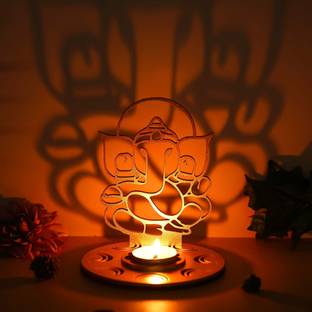 eCraftIndia One Red & Golden Mdf Wooden Ganesha Shadow Decorative Tea Light Candle Holder Wooden 1 - Cup Tealight Holder