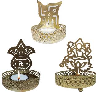 FLI HAUT Handicrafts Kalash + Swastik + Laxmi Maa Design Metal Tealight Holder Iron Tealight Holder
