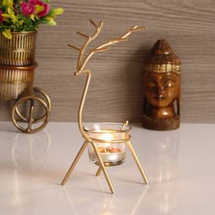 eCraftIndia Golden Deer with Glass Iron Tealight Holder