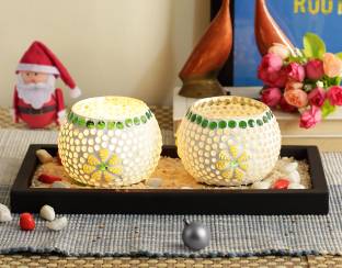 TIED RIBBONS Mosaic Glass Tealight Votive Candle Holder with Wooden Tray-Christmas Light Outdoor Glass 2 - Cup Tealight Holder Set