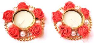 PRAHLL Artificial Rose,Pearls Diya Tlite Rangoli Floating/Non Floating Festive Decor Brass 2 - Cup Tealight Holder