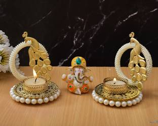 UNIQUE ART Diwali Diya with Ganesha Round Tealight Candle Holder Diwali Decoration Brass 2 - Cup Tealight Holder Set