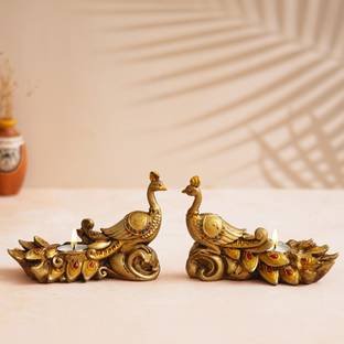 shyam antique creation Peacock Candle for Home Reusable Bird Shape Tea Light Candle Holder for Diwali Wooden 2 - Cup Tealight Holder Set