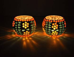 TIED RIBBONS Decorative Tea Light Candle Holder for Home Decor Diwali Pooja Dining Table Glass 2 - Cup Tealight Holder Set
