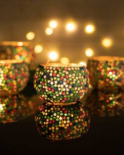 Homesake , Set of 4 Moroccan Multicolor Glass Star Mosaic Candle Holder Votive Glass Candle Holder Set