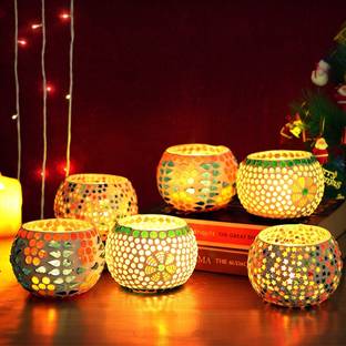 TIED RIBBONS Mosaic Glass Tealight Candle holders for Diwali Home Decoration and Gifts Glass 6 - Cup Tealight Holder Set