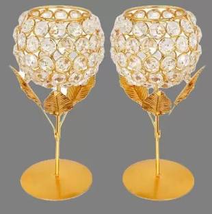 Decorexperts Gold Plated Crystal Candle Holder Brass Candle Holder Brass 2 - Cup Candle Holder Set