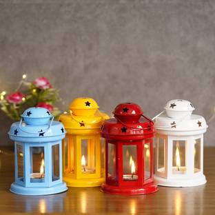 eCraftIndia Set Of 4 Iron Wall Hanging Lantern Tea Light Candle Holders Iron Tealight Holder