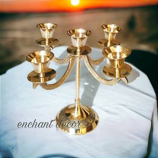 Asha Enchant Decor 5 Arm Brass Emboss Tabletop Candle Holder Living Room Decorative Candle Stand Brass Candle Holder