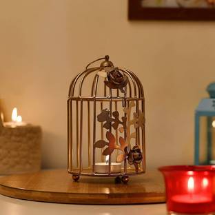 RUSHVILLE HANDICRAFT METAL IRON BIRD CAGE TEA LIGHT HOLDER AND FLOWERS VINE Decorative Showpiece  -  10 cm