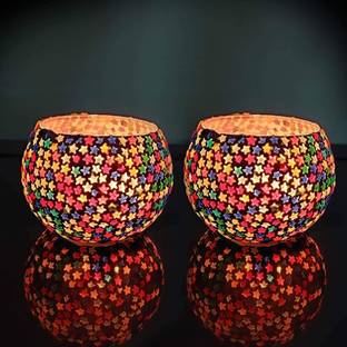 TIED RIBBONS Glass Tealight Holder with T light Candle for festival Decoration Glass 2 - Cup Tealight Holder Set