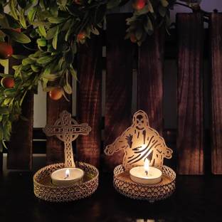 amishi blissful decor Jesus & Holy Cross Shadow Tea Light Holder with Tea Light Candle for Decoration Cast Iron Tealight Holder Set