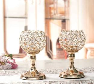 Urban Hamlet Set of 2 Crystal Beaded Candle Holders | Elegant Golden T-Light Stand Iron Tealight Holder Set