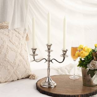 VoiDrop Three Arm Candelabra Tall -Glossy Taper Candle Holders, Candle Stands (SILVER) Aluminium Candle Holder
