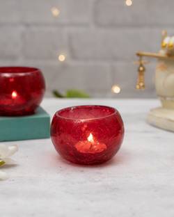 Homesake Set of 2 Moroccan Red Glass Crackle Mosaic Candle Holder Votive Glass Candle Holder Set