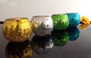 TIED RIBBONS Tea Light Candle Holder Set for Decoration Glass 4 - Cup Tealight Holder Set