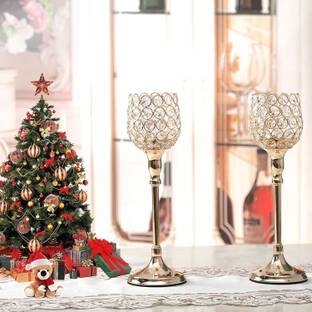 Urban Hamlet Set of 2 Tall Golden Crystal Candle Holders | Elegant Festive Decor Iron Tealight Holder Set
