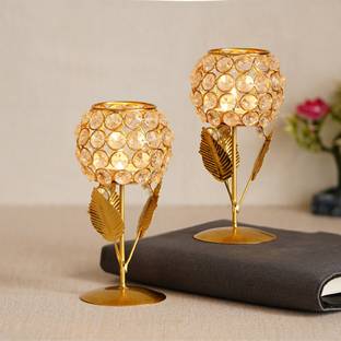 eCraftIndia Set of 2 Brass Rose With Leaf Shaped Flower Tea Light Candle Holders Crystal Tealight Holder