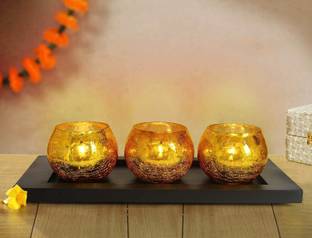 TIED RIBBONS Glass Tealight Holder with Candle and Tray Christmas Decoration Items for House Glass 3 - Cup Tealight Holder Set