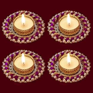 bhumiyaan Tea Light Candle Holder for Diwali Diya/diyas/Pooja for Diya / 4Candles Wax Free Brass 4 - Cup Tealight Holder Set
