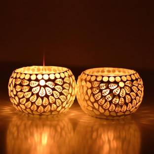 Ionic Glass White Handmade Mosaic Glass Votive Tealight Candle Holders (Pack of 2) Glass 2 - Cup Candle Holder Set