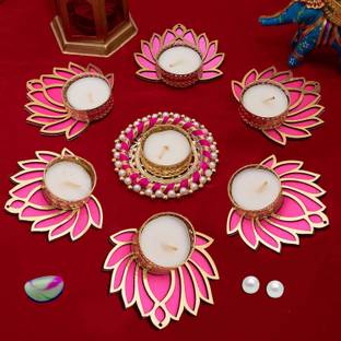 GIFT JAIPUR 7 Pink Diwali Decorative Lotus CHUDI diyas Rangoli tealight candle holder Wood (Pack of 7) Table Diya Set