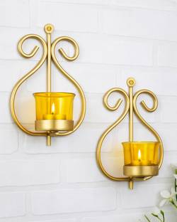 Homesake Set of 2 Decorative Golden Wall Sconce/Candle Holder With Yellow Glass and Free T-light Candles Iron 2 - Cup Tealight Holder Set