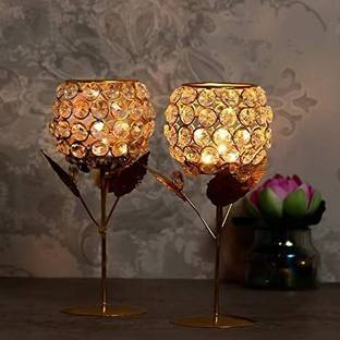 WEBELKART Premium Crystal Rose Brass Candle Holder for Room Decoration Gold Plated, Iron, Crystal 2 - Cup Tealight Holder Set