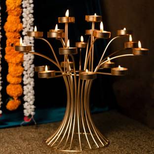 The DeKaurs Brass Tree Tealight Candle Holder | Candle Stand for Christmas Home Decoration Iron Tealight Holder