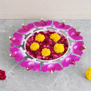 DecorHouse Premium Shine Urli Bowl Diya Shape Flower Diya Candle Thali Iron 12 - Cup Candle Holder Set