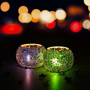 eCraftIndia Purple & Green Set of 2 Mosiac Glass Decorative Tea Light Holder/diya Glass Tealight Holder