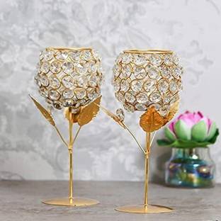 WEBELKART Premium Crystal Rose Brass Candle Holder for Room Decoration Gold Plated, Iron, Crystal 2 - Cup Tealight Holder Set