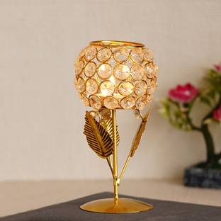 eCraftIndia Metal & Crystal Tea Light Candle Holder Stand Crystal Tealight Holder