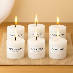 Floryn decor White Pillar Candles Set of 6 | Dripless | Smokeless | Odourless | White Candles for Decoration | Burning Time- 30 Hours, Size- 2 by 2 inches | Unscented Candle