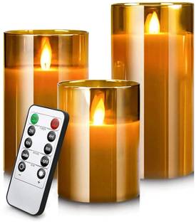 LTETTES Flameless LED Glass Pillar Candles made from Paraffin Wax Moving Flame Effect,Timer and Remote Controller for any Occasional Decoration (Set of 3-9xAAA Batteries)-1 Year Warranty(Brown) Candle