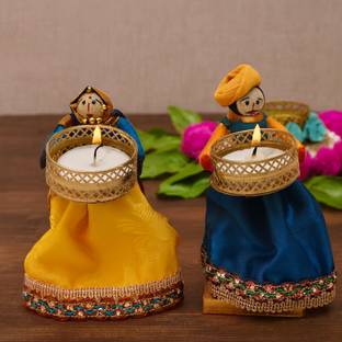 Superior craft Rajasthani Handmade Puppet Style Tealight Candle Holder/ Tealight Holder/Candle Holder for Home Decor Diwali| Christmas| Dussehra| New Year Set of 2 Candle Free (2 Pcs Puppet) Candle