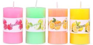 Vendy ARISE Small Pillar Candles, Smokeless Scented Small Pillar Candles Pack of 4 for Home Decoration and Celebrations, Burning Time 8hr-9hr, Rose, Lemon, Orange, Green Apple, Pack of 4 Candle