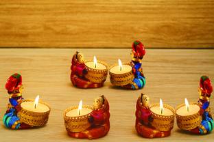 THE CLICK INDIA Tealight Holder, Candle Tealight, Candle Diya, Candle Stand, Candle for home Decor, Puppet Tealight Candle Holder for Home Decor , Puppet Designer Tealight holder with Candle Wooden With Candle Candle