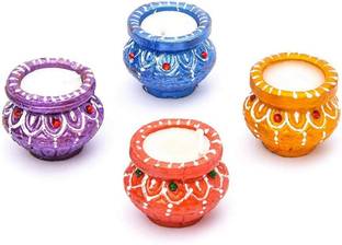 DAKSH HANDICRAFT Terrocota Matki Diya with wax- Pack of 4 - Handmade- For Decoration and Gifting Candle