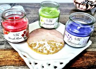shree murti Set of 3 Scented jar Candles with 1 Resin Gold Leaf Coaster. Candle