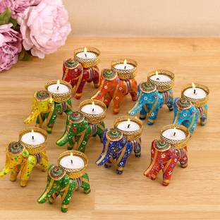 THE CLICK INDIA Rajasthani Tealight Holder, Candle Tealight, Candle Diya, Candle Stand, Candle for home Decor, Elephant Tealight Candle Holder for Home Decor , Elephant Designer Tealight holder with Candle Wooden Decor Item For Home/Office/Garden On Diwali |Christmas |Navratri| Dussehra| New Year| Traditional And Celebration Party (10 Pcs Set Of Elephants With 10 Tealight Candles) Candle