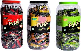 Pass Pass Pulse Triple Twist Candy Jar Kachcha Aam, Litchi, Orange, Guava, Pineapple Candy MIX FLAVOUR, Litchi, Kachcha aam Candy