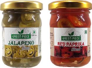 GREEN PIECE ,Jalapeno Sliced (120gm) and Red Paprika Sliced (120gm) (Pack of 2) Jalapenos